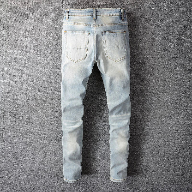 Men Crystal Holes Ripped Patchwork Jeans Streetwear Light Blue Denim