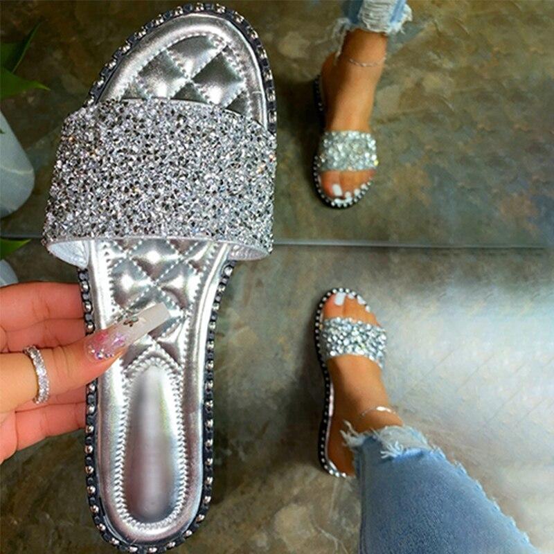 Crystal Women Slippers Bling Bling Flats Female Beach Shoes Summer