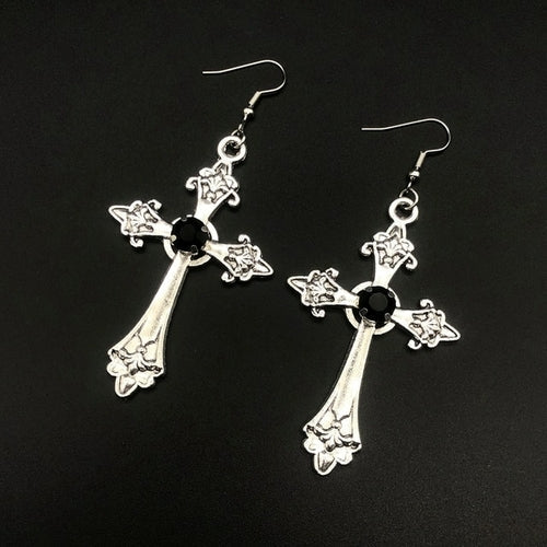 Large Detailed Cross Drill Pendant Jewel Necklace Silver Color Tone