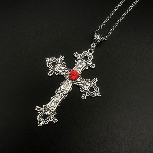 Large Detailed Cross Drill Pendant Jewel Necklace Silver Color Tone