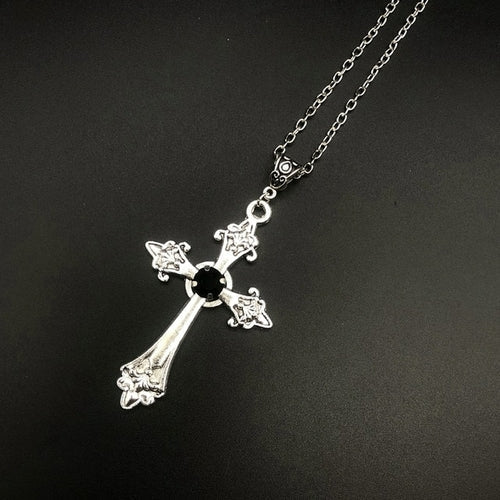 Large Detailed Cross Drill Pendant Jewel Necklace Silver Color Tone