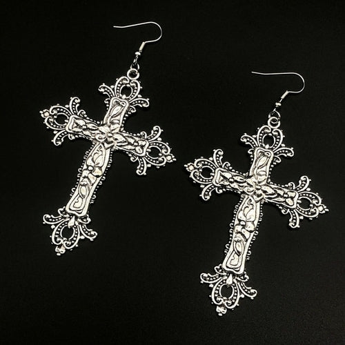 Large Detailed Cross Drill Pendant Jewel Necklace Silver Color Tone