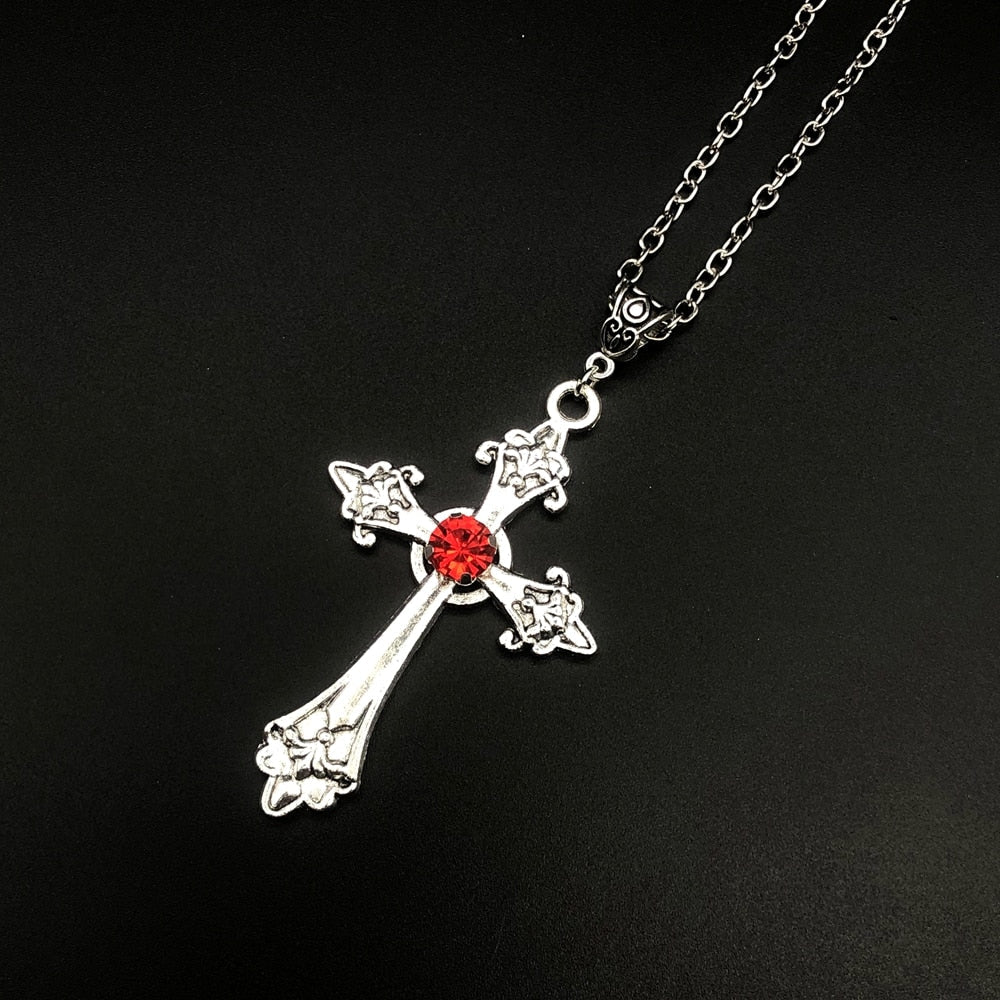 Large Detailed Cross Drill Pendant Jewel Necklace Silver Color Tone
