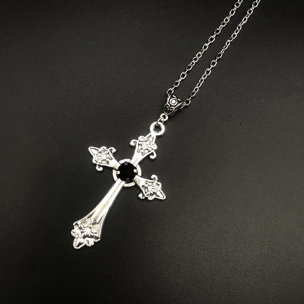 Large Detailed Cross Drill Pendant Jewel Necklace Silver Color Tone