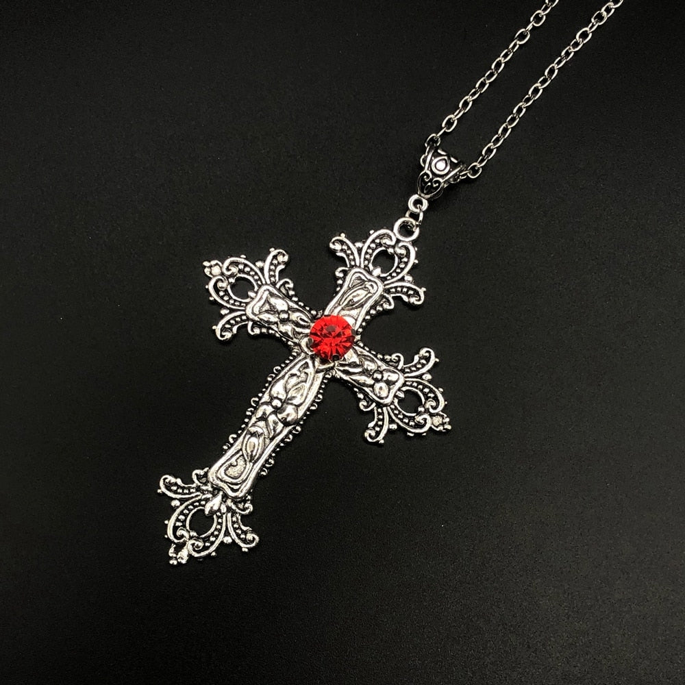 Large Detailed Cross Drill Pendant Jewel Necklace Silver Color Tone