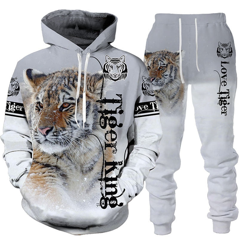 New Animal 3d Tiger Printed Hoodie + Pants Suit Cool Men/women 2 Pcs