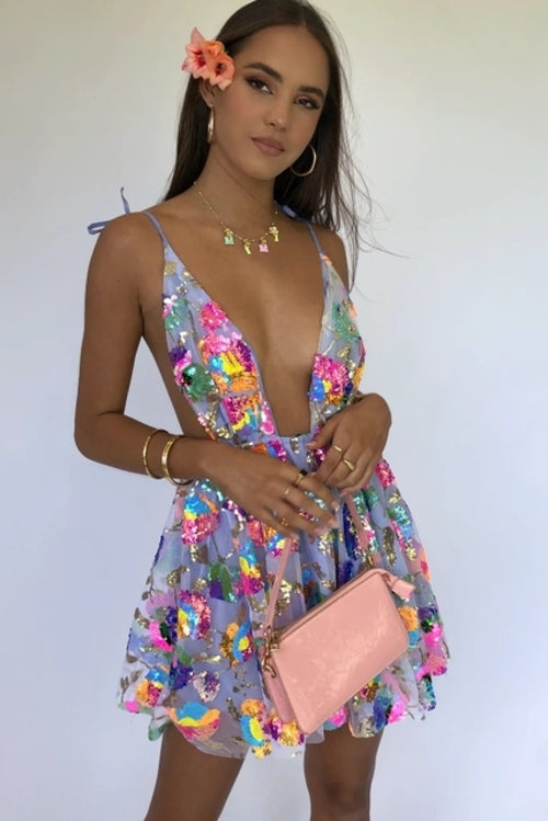 New Backless Sexy Women Mini Dress Sleeveless V Neck Backless Flower
