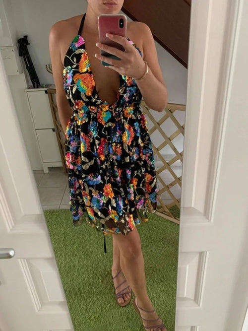 New Backless Sexy Women Mini Dress Sleeveless V Neck Backless Flower