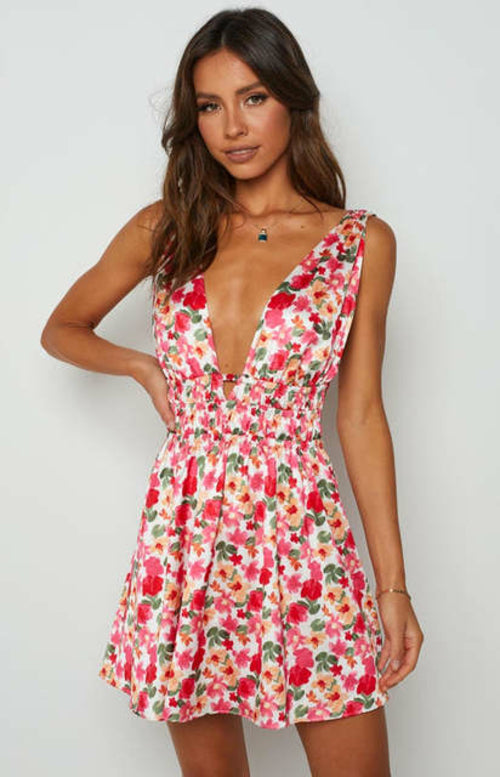 New Backless Sexy Women Mini Dress Sleeveless V Neck Backless Flower