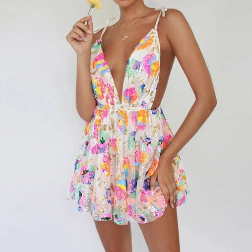 New Backless Sexy Women Mini Dress Sleeveless V Neck Backless Flower