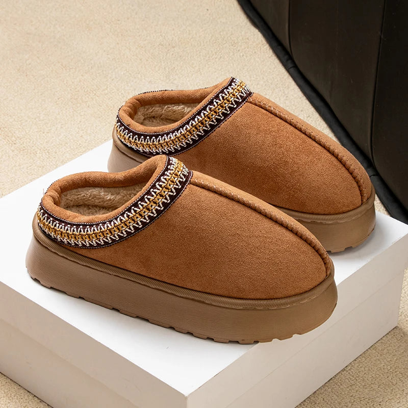 Feslishoet Winter Woman Slippers Plush Interior Anti Slip Sole Thick Bottom Embroider Fashion Warm Slippers Use Indoor Outdoor