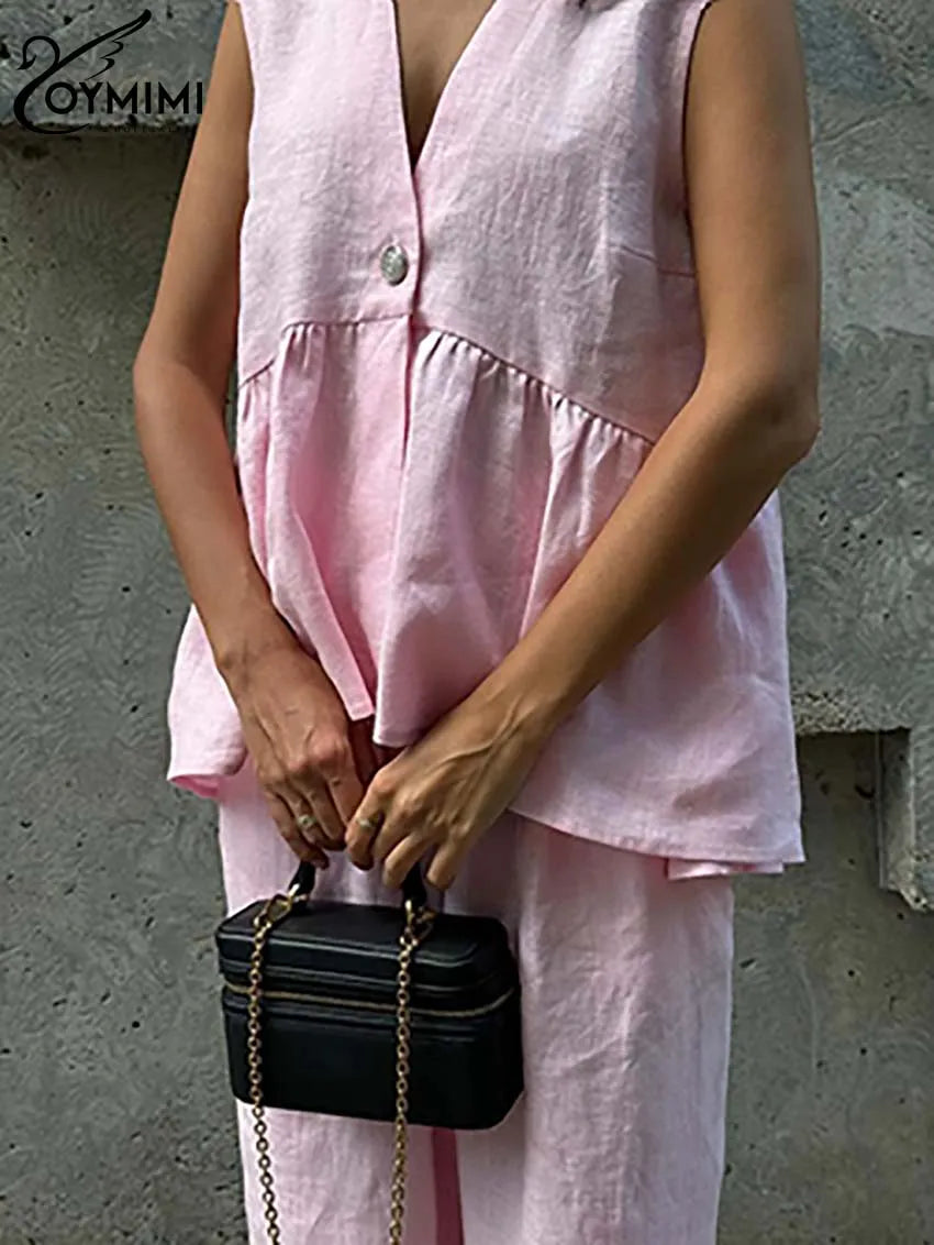 Oymimi Fashion Pink Cotton Sets Womens 2 Piece Elegant Deep V-Neck