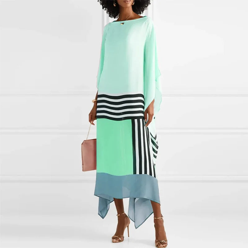 Candy Stripe Print Patchwork Kaftan Dresses Women’s Spring Round Neck