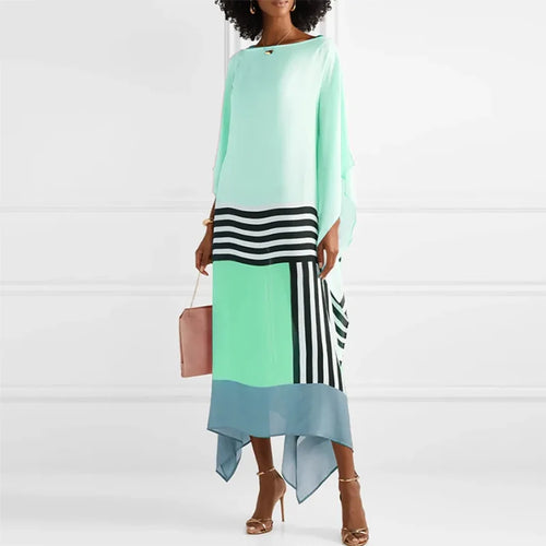 Candy Stripe Print Patchwork Kaftan Dresses Women’s Spring Round Neck