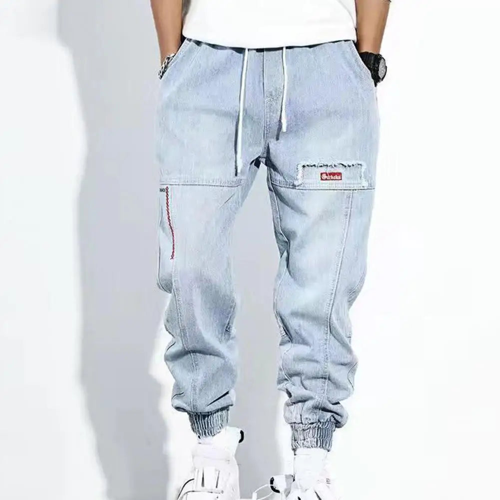 Loose Denim Pants Men Jeans Solid Color Drawstring Waist Harem Pants