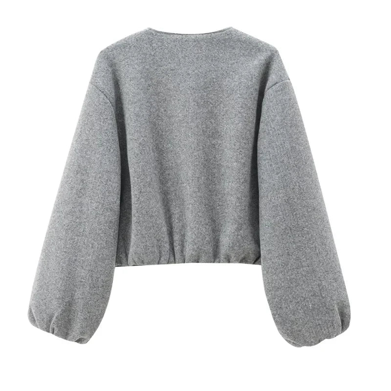 TRAF Outerwears Cropped Bomber Jacket Women Autumn Long Sleeve Faux