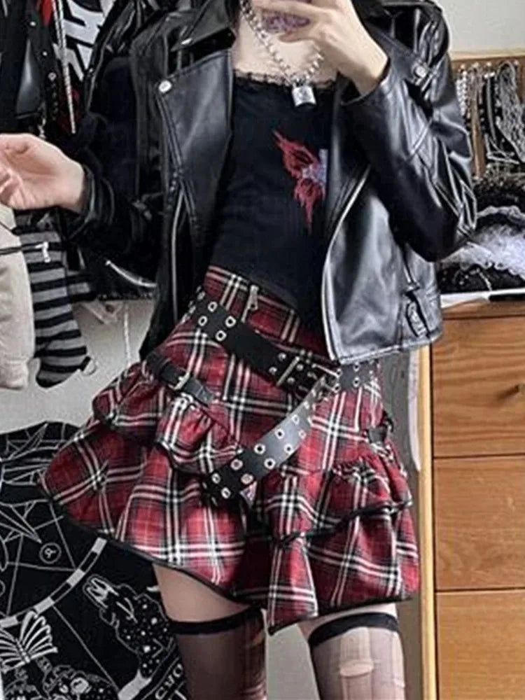 AltGoth Punk Gothic Red Plaid Skirt Women Vintage Y2k E-girl Emo Alt