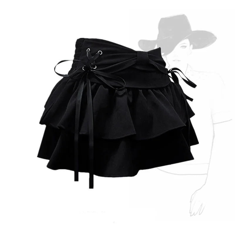Blue Denim Pleated Skirt Bow Fold Design Women's A-line Short Skirt