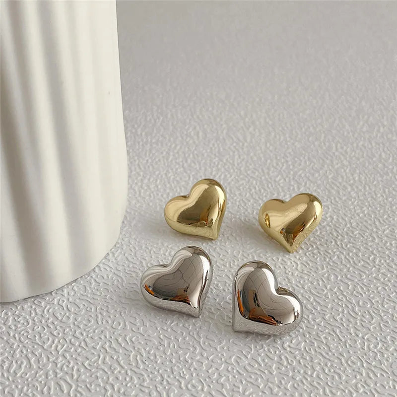 Minimalist Silver Color Smooth LOVE Heart Stud Earrings for Women