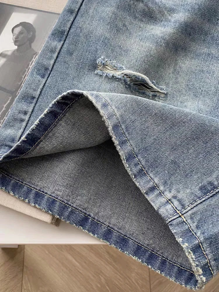 Fashion Holes Denim Shorts 2024 New Women's Summer A-line Wide Legs