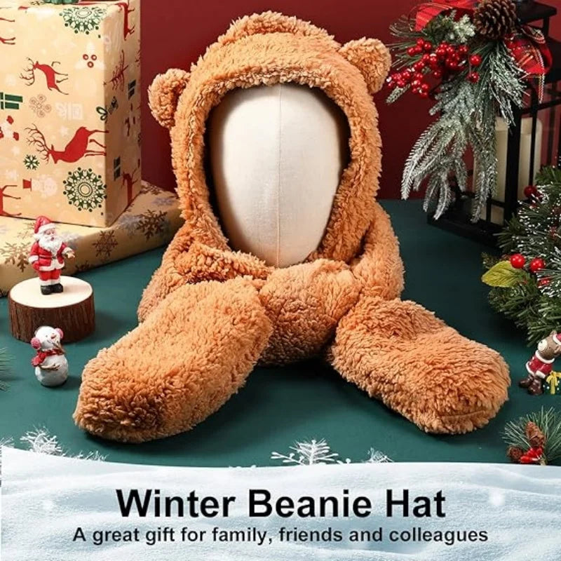 SIMPLEJEWEL™ Women Cute Bear Hoodie Hat Scarf Gloves Set 3-in-1