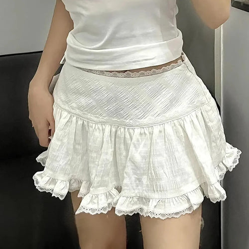 Balletcore Ruffled Mini Skirt with Lace Trim Low Rise Tiered White