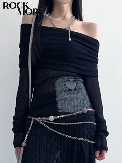 Rockmore Chic Retro One-Shoulder Printed Top Slim Thin Long Sleeve
