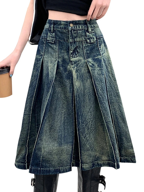 S-4XL Women Jeans Skirts Summer New High Waist A-Line Pleated Loose