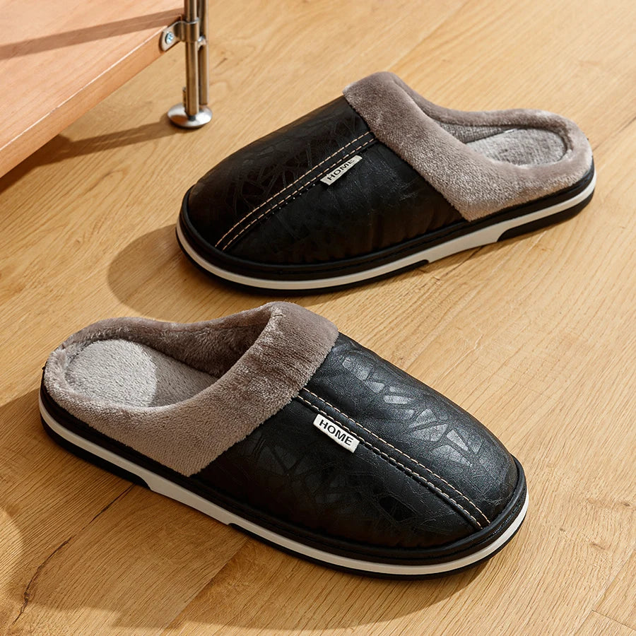 Big Size Winter Casual Men's Slippers Indoor Waterproof PU Leather