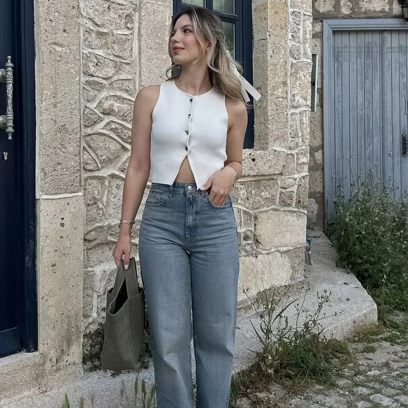 TRAF 2024 Knit Vest For Women Sleeveless Cropped Woman White Vest Fall