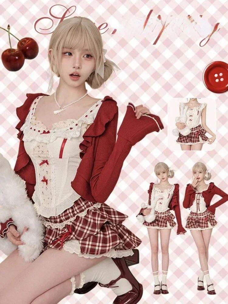 Vintage 3 Piece Skirt Suit Women Kawaii Ruffles Cardigan Outwear