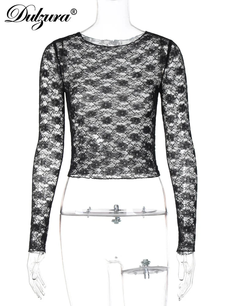 Dulzura Long Sleeves See Through Lace Crop Top Solid Sexy Bodycon