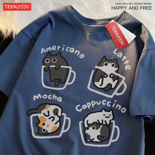Cat Coffee Pure Cotton Trendy Summer Loose Short Sleeved T-shirt Men