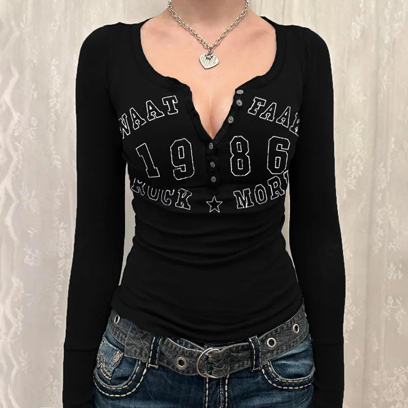 Letter Print Black Tees Women Autumn Streetwear Long Sleeves O-Neck