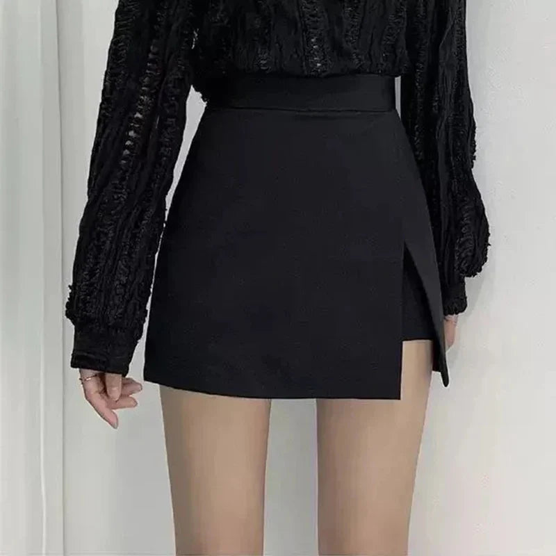 Black Mini Skirts Women Irregular Side Slits High Waist A Line Shorts