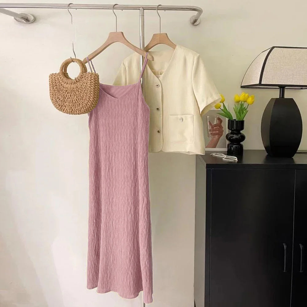 Office Lady Sleeveless Pleated Midi Dress Women Size S-XL Pink Purple
