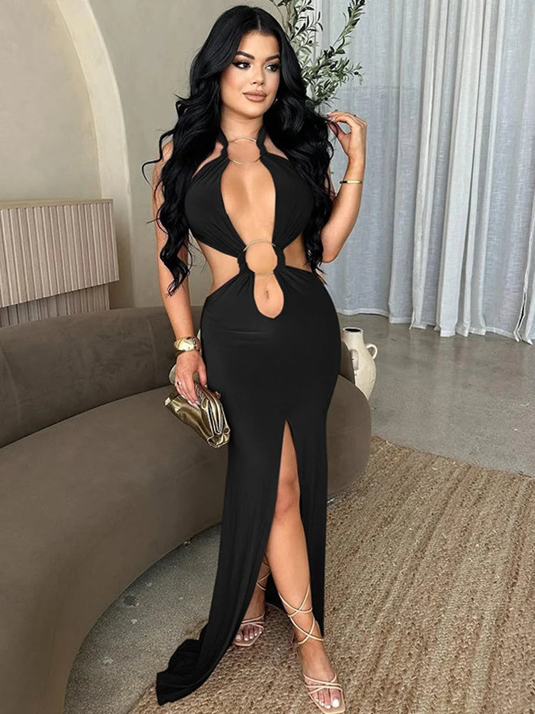 Kricesseen Sexy Cut-Out O-Rings Metal Ruched Maxi Dress Holiday Outfits Womens Lace-Up Bandage Party Dresses Night Out Vestidos