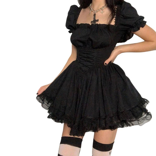 Women’s Sweet Puff Sleeve A-line Dress Summer Fairycore Lolita Solid