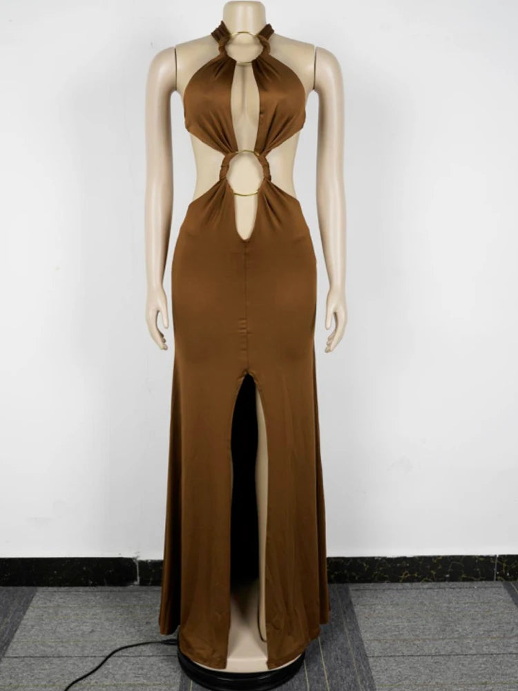Kricesseen Sexy Cut-Out O-Rings Metal Ruched Maxi Dress Holiday Outfits Womens Lace-Up Bandage Party Dresses Night Out Vestidos