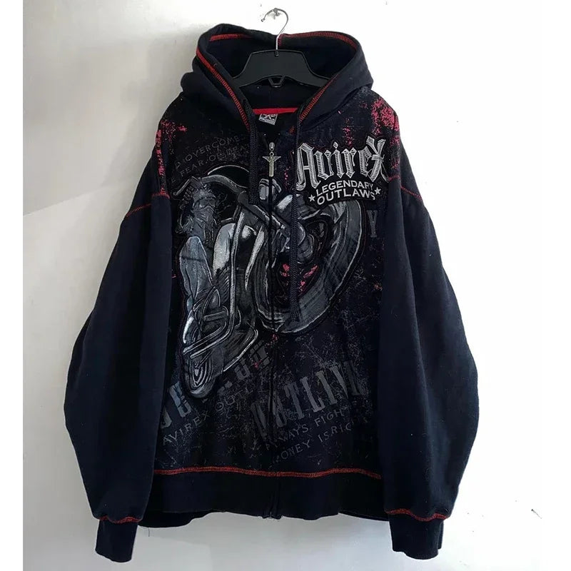 Woman Hoodie Y2K Cyber Grunge Emo Zip Up Sweatshirts Vintage Graphics Print Kpop Aesthetic Gothic Clothes Clothes for Women