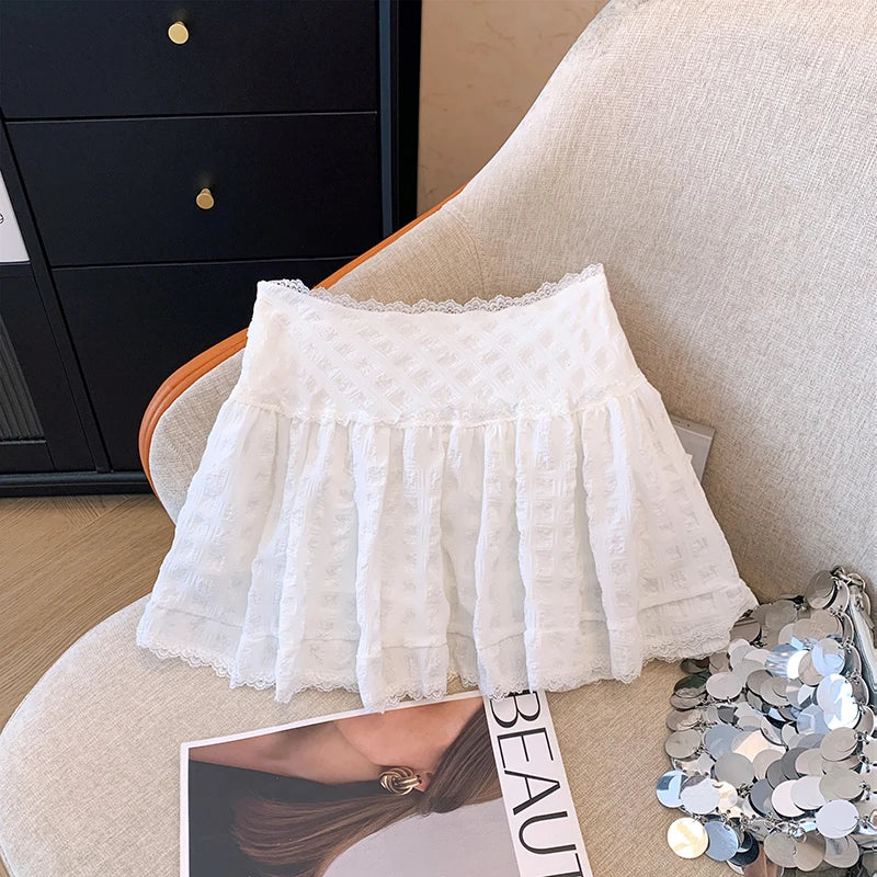 Balletcore Ruffled Mini Skirt with Lace Trim Low Rise Tiered White