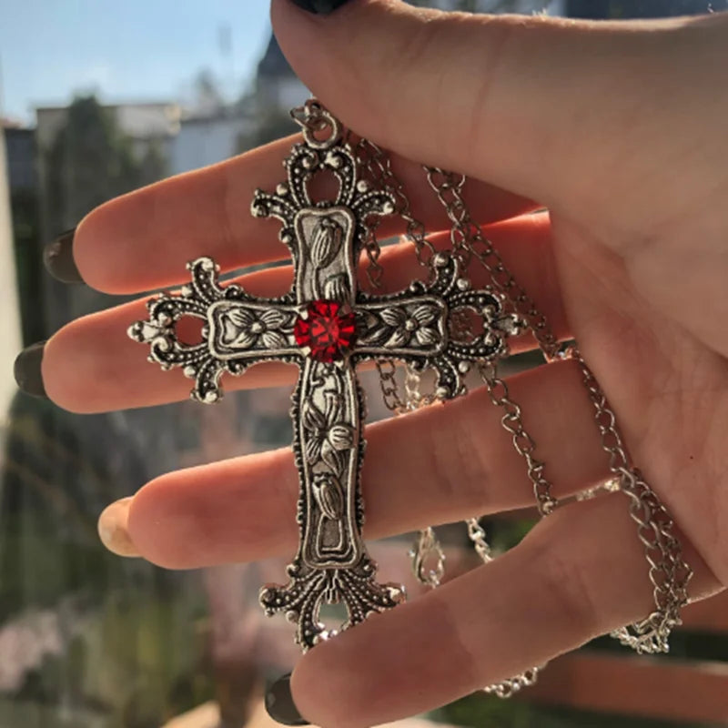 Y2K Punk Crystal Big Cross Pendant Necklaces for Women Men Gothic
