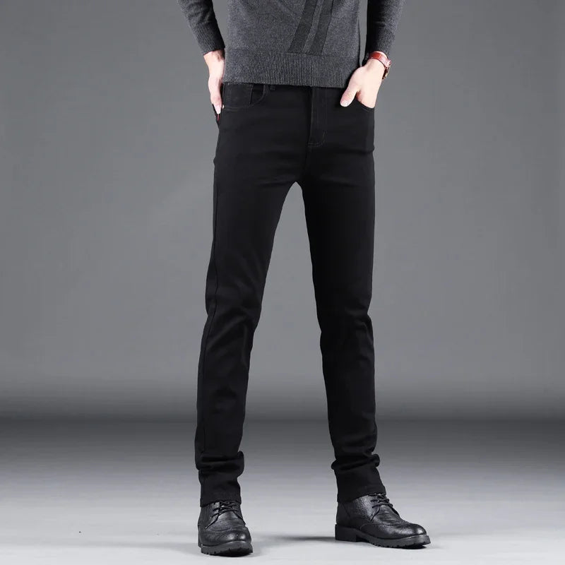 Spring Autumn New Men's Pure Black Slim Jeans Elastic Straight Pants