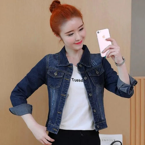 S-5XL Women Denim Jackets Spring Three-Quarter Sleeve O-Neck