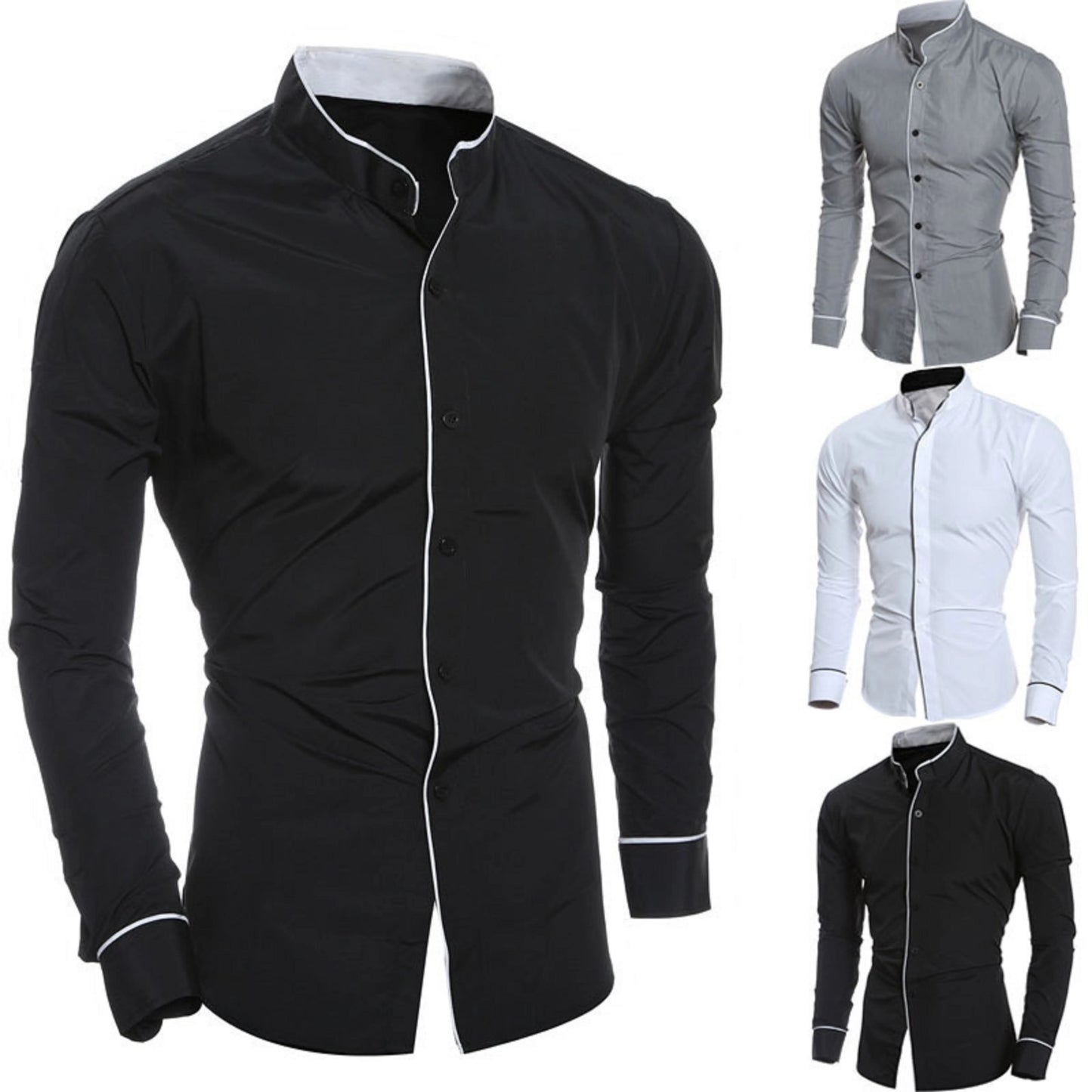 Spring and autumn men's long-sleeved solid color shirt, stand-up