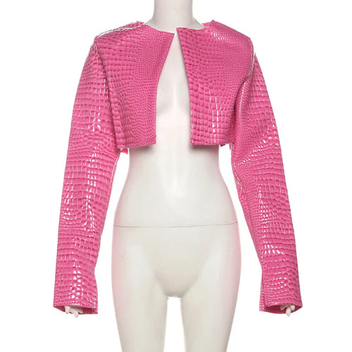 Women O Neck Long Sleeve PU Faux Leather Cropped Jackets Punk Grunge