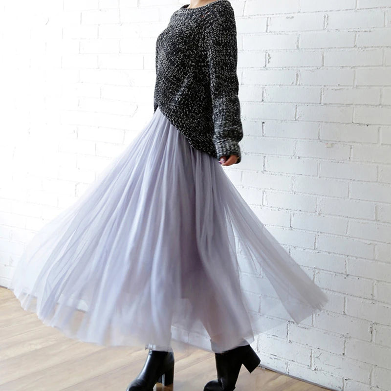 Vintage Tulle Skirt Women Streetwear Elastic High Waist Mesh Pleated