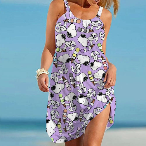 Women's Beach Dresses Kawaii Snoopy S-3XL Summer Anime Y2k 2024