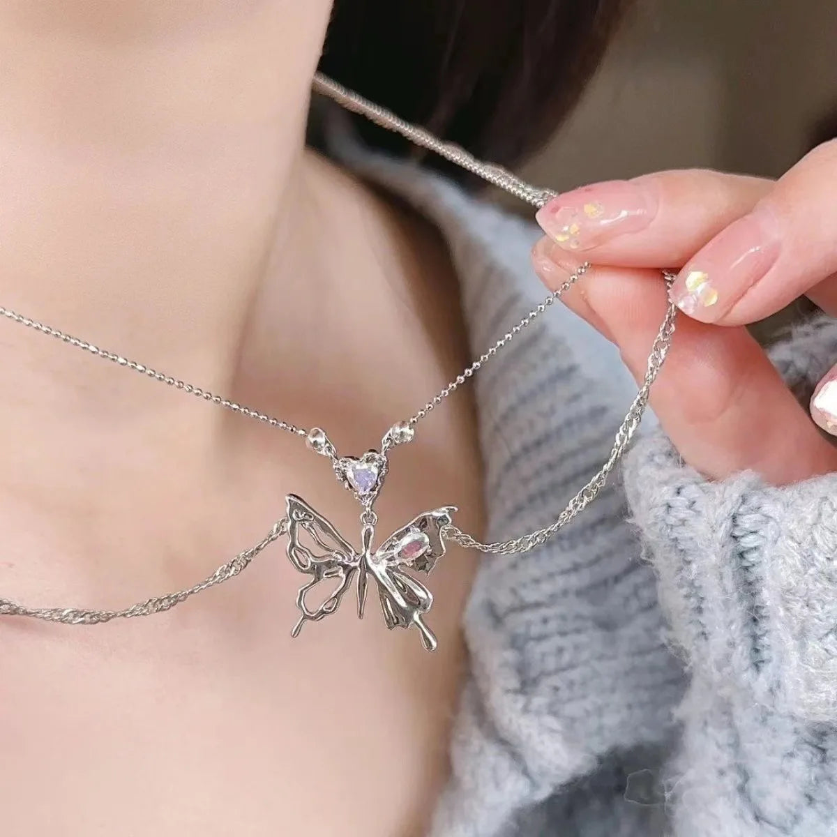 Punk Butterfly Pendant Necklace Women Y2K Crystal Light Luxury Egirl