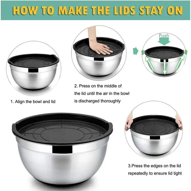 6-piece Set Mixing Bowls with Lids and Non Slip Bases Stainless Steel
